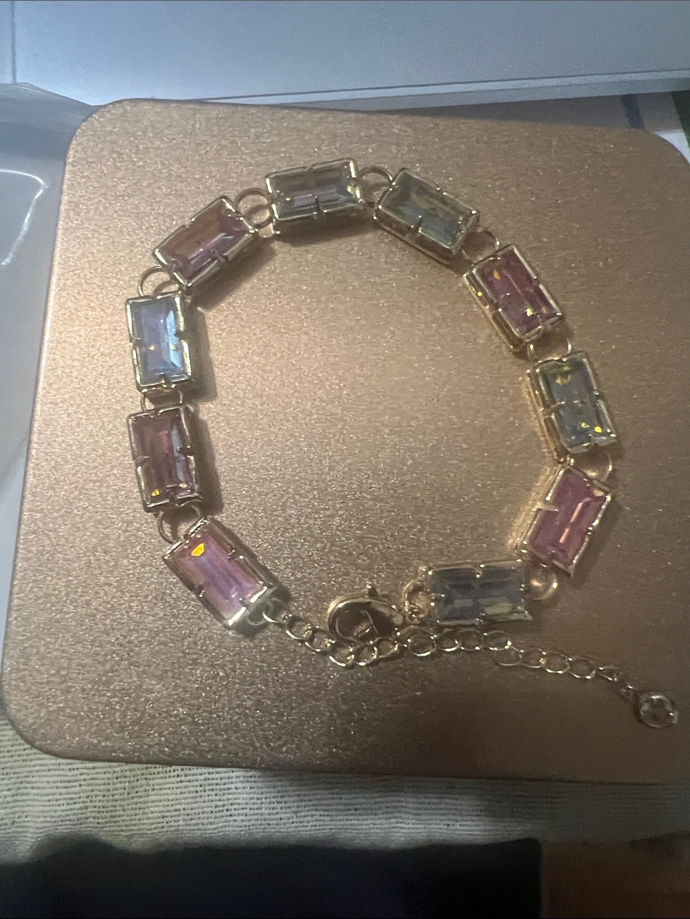 Gold Bracelet with Pink and Light Blue Rectangular Stones - Women Jewelry